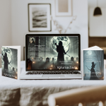 The The Downfall of the Winterbournes series displayed on various formats—a laptop screen and printed copies of Volume One and Volume Two. The dark medieval fantasy series follows the Winterbourne family through betrayal, survival, and dark humor.