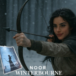 Noor Winterbourne, the sociopathic antagonist from The Downfall of the Winterbournes, is shown wielding a bow with a mischievous smile. The image captures her cold, calculating nature with a hint of dark humor, embodying her role as a complex, ruthless character in the medieval fantasy saga.