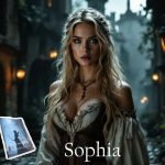Sophia from The Downfall of the Winterbournes standing in a medieval alley, embodying betrayal and intrigue