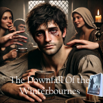 Robert Winterbourne in a tavern, his face marked with a battle scar, gazes intensely. The scene is filled with intrigue, suggesting danger and tension surrounding the Winterbourne family. The cover for The Downfall of the Winterbournes: Volume Two emphasizes Robert’s transformation in the story.